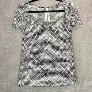 IZOD L Large Top Shirt Black Geometric Short Sleeve Square Neck Stretch P19